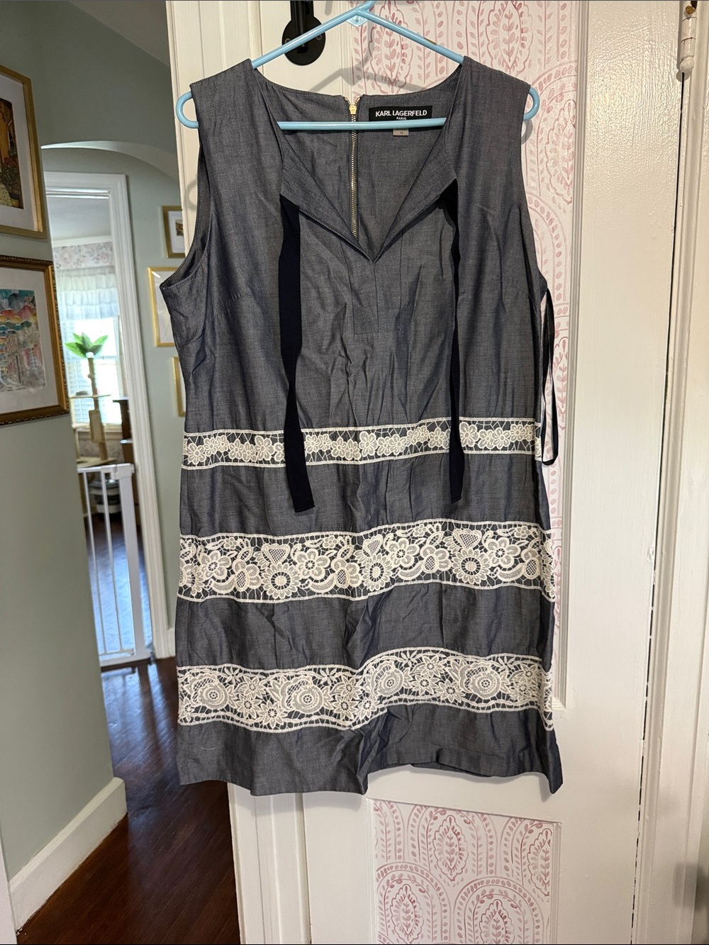 Karl Lagerfeld Navy Sleeveless Dress with White Lace Bands